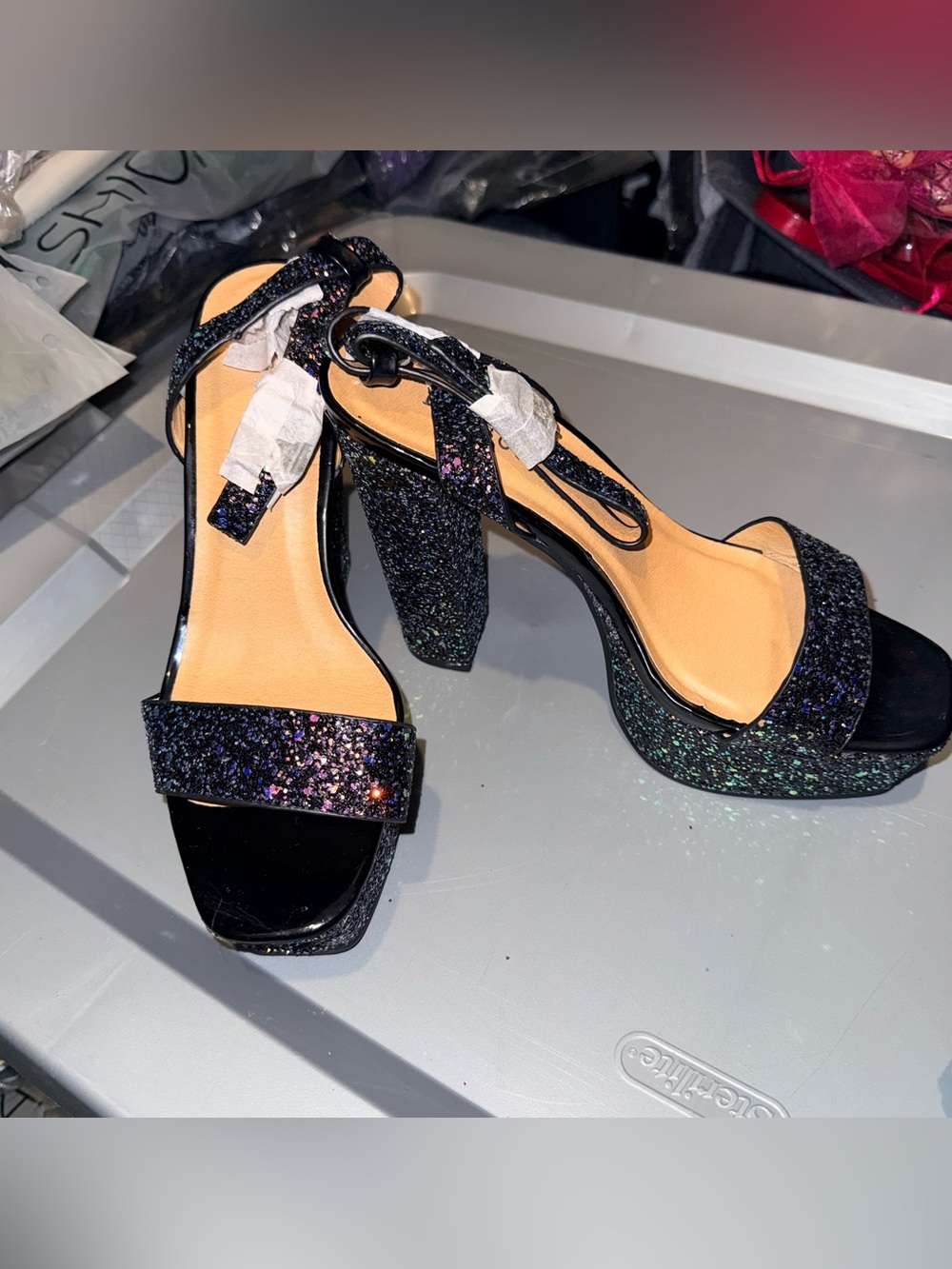 BAMBOO Black Glitter Block Heel Sandals
